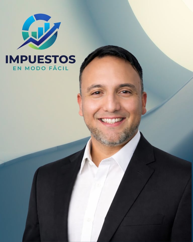 Professional man in black blazer and white shirt smiling at camera with Impuestos En Modo Facil logo on light blue background