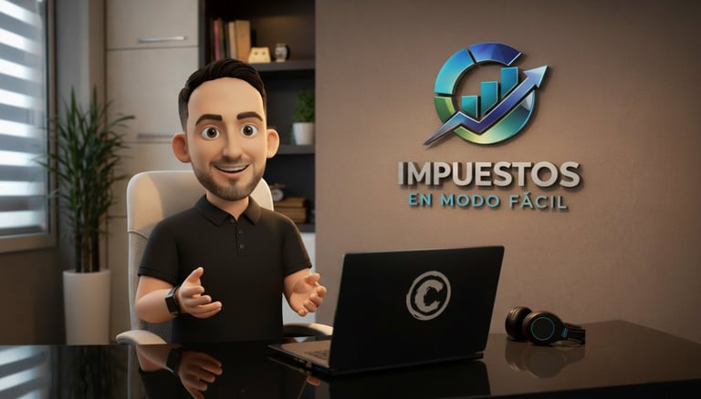 Animated man at desk with laptop next to Impuestos logo on wall, modern office setting